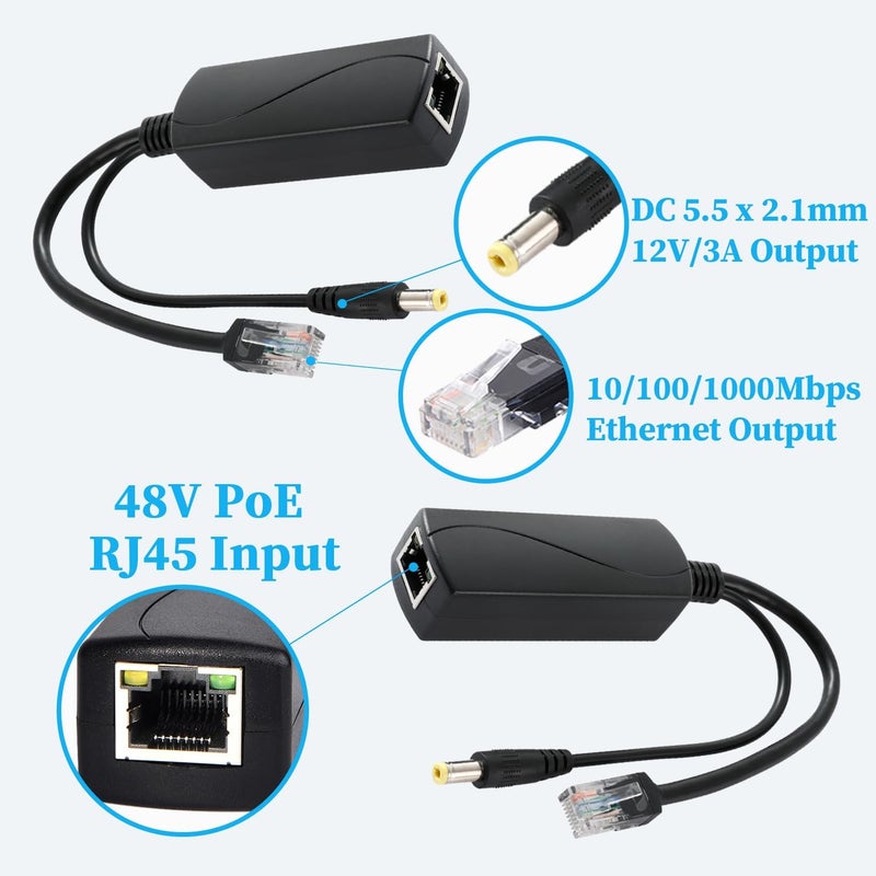 REVODATA PoE Splitter Gigabit 36W 12V/3A, DC 5.5 * 2.1mm Plug PoE to DC 12V/3A Output, Gigabit Ethernet Comply IEEE802.3bt, Plug and Play (PS5712BG) - Image 2